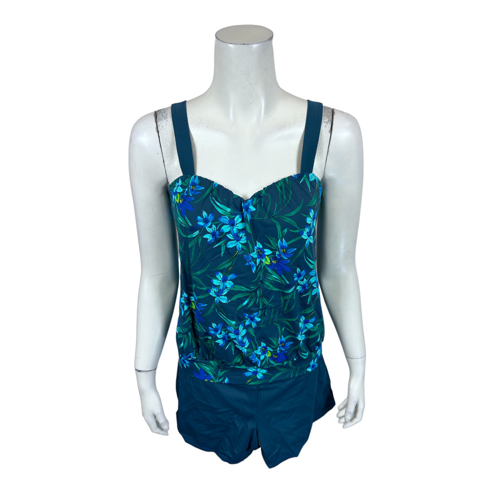 Denim & Co. Women Beach Blouson Sweetheart-Neck Tankini Short Set Mallard Size 6
